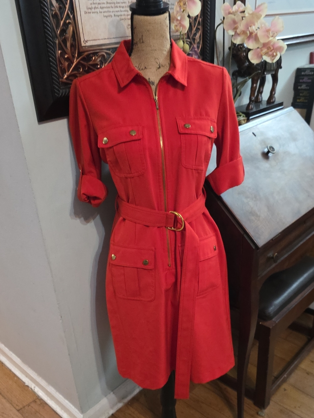 Sharagano Red Belted Midi Shirt Dress with Gold Hardware